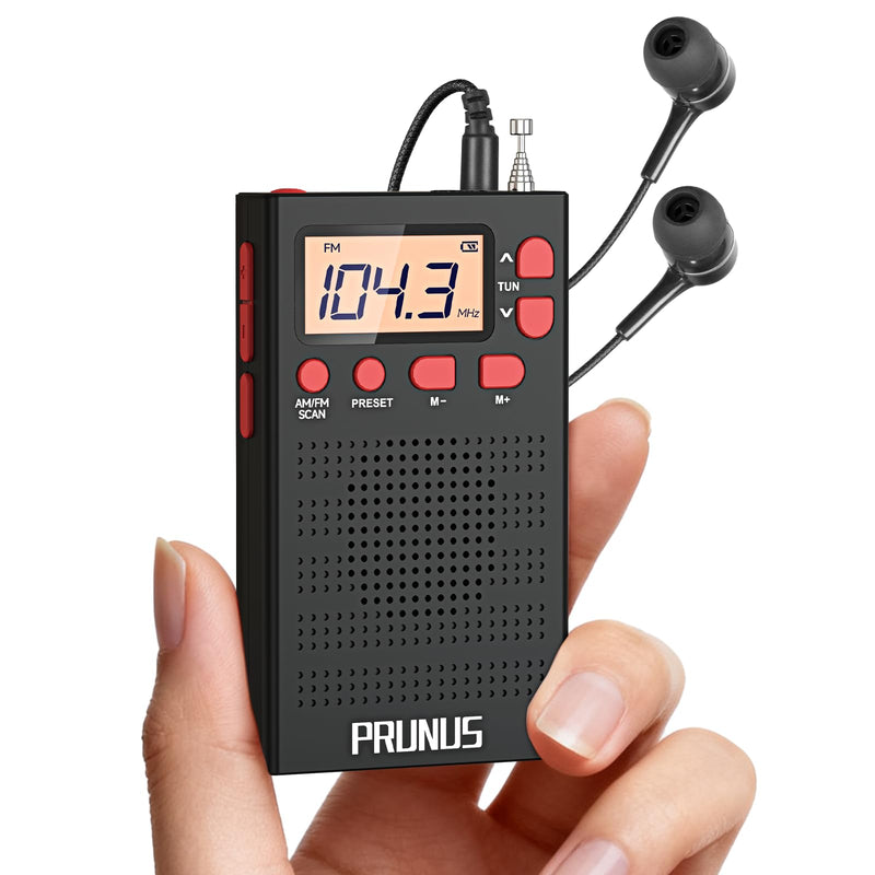 PRUNUS J-125 Pocket AM FM Radio Portable Mini Radio with Stereo Earphone | Battery Operated Radio by 2 AAA, Manual Preset, Lock Key, Walk man Radios Digital Radio for Hiking, Travel