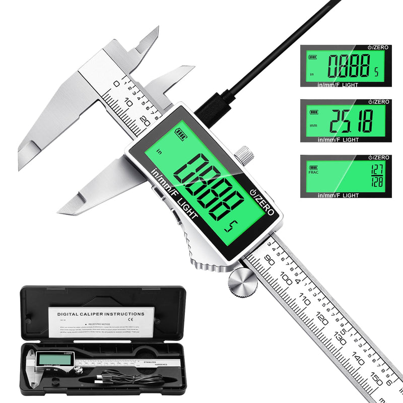 Rechargeable Digital Caliper 6 Inch, Stainless Steel Vernier Dial Calipers Measuring Tool - Backlit Large LCD Display, Inch/MM/Fraction, Auto-Off Micrometer for DIY, Household, 3D Printing