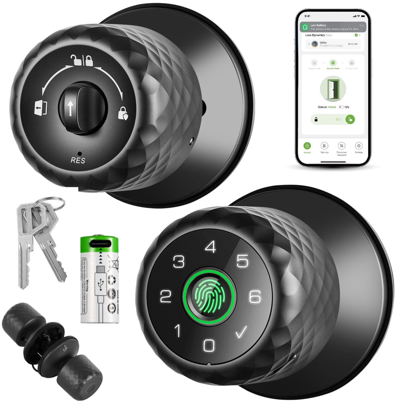 𝐅𝐢𝐧𝐠𝐞𝐫𝐩𝐫𝐢𝐧𝐭 𝐊𝐞𝐲𝐩𝐚𝐝 Door Lock, Smart Biometric Door Knob Support 15M App Control & Auto Lock, 4-in-1 Upgraded Door Lock with 2Keys for Home Office Apartment, Black (Diameter 2.28")