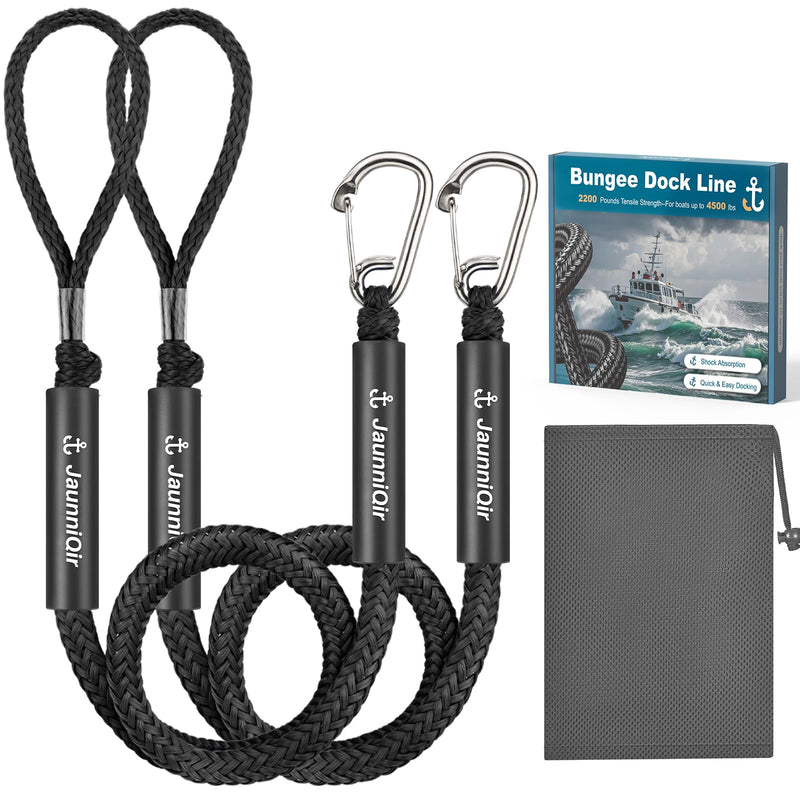 JaunniQir Bungee Dock Lines for Boats 4.3 Feet, 2 Pack Dock Lines with 316 Stainless Clips for PWC, Jet Ski, Kayak, Watercraft, Pontoon, Shock Absorbing Tie Off Downs Boat Mooring Ropes Accessories Black 4-5½ FEET 2 PACK