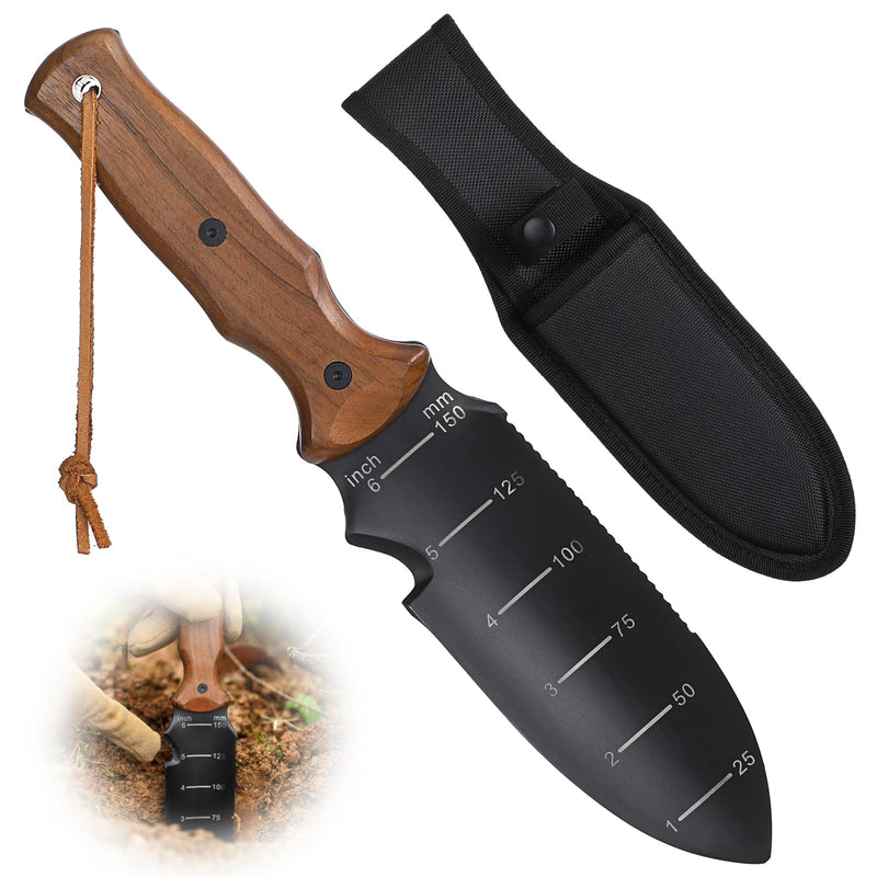 Hori Hori Garden Knife, Garden Tools Trowel with EDC Sheath, Gardening Tools for Weeding Digging Planting with 7" Stainless Steel Blade,Dual-Scale Measurement,Hanging Hole, Gifts for Women Mom Men Dad Black & Walnut