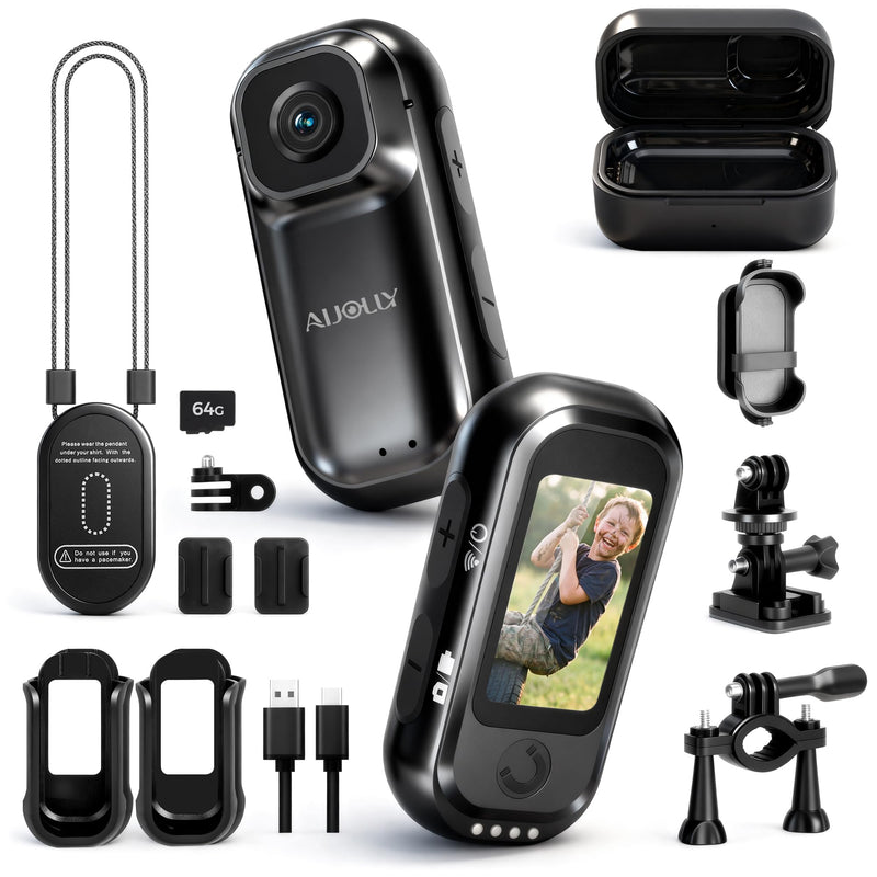 POV Body Camera with 1.47" Display, 2K HD Thumb Action Camera, 64GB Magnetic Wearable Body Cam with Charging Case, 6-8H Total Runtime, App GPS Data Overlay & Stabilization with 64G Card