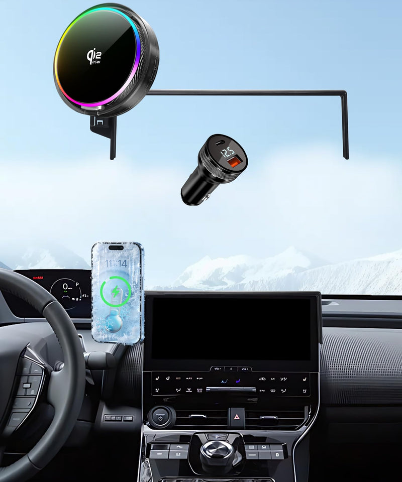 25W Car Mount Charger for Toyota BZ4X/ Subaru Solterra 8/12.3-Inch | 2023-2025 Toyota BZ4X/Subaru Solterra Qi2.2 25W MagSafe Fast Charging Cell Phone Holder, with Cooling Fan＆54W Fast Adapter