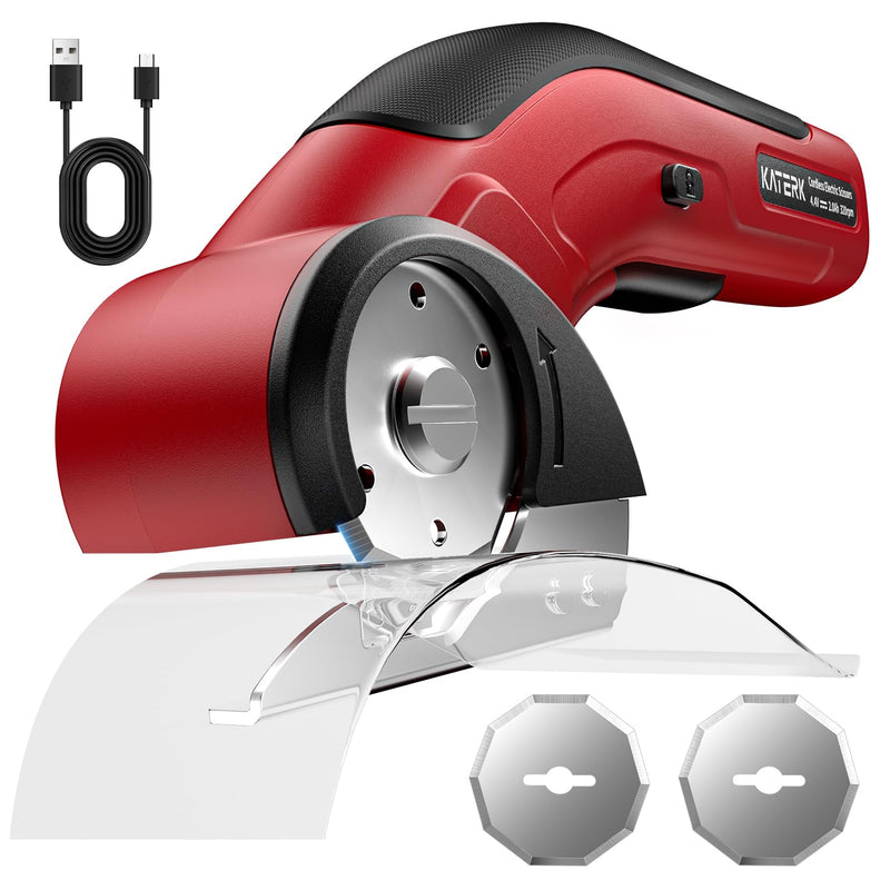 Katerk 4.4V Cordless Electric Scissors, Cardboard Cutter Electric with 2pcs Blade, USB-Rechargeable Powerful Fabric Cutter, Power Shears, Electric Scissors for Cardboard, Leather, Carpet, Plastic,Felt Red