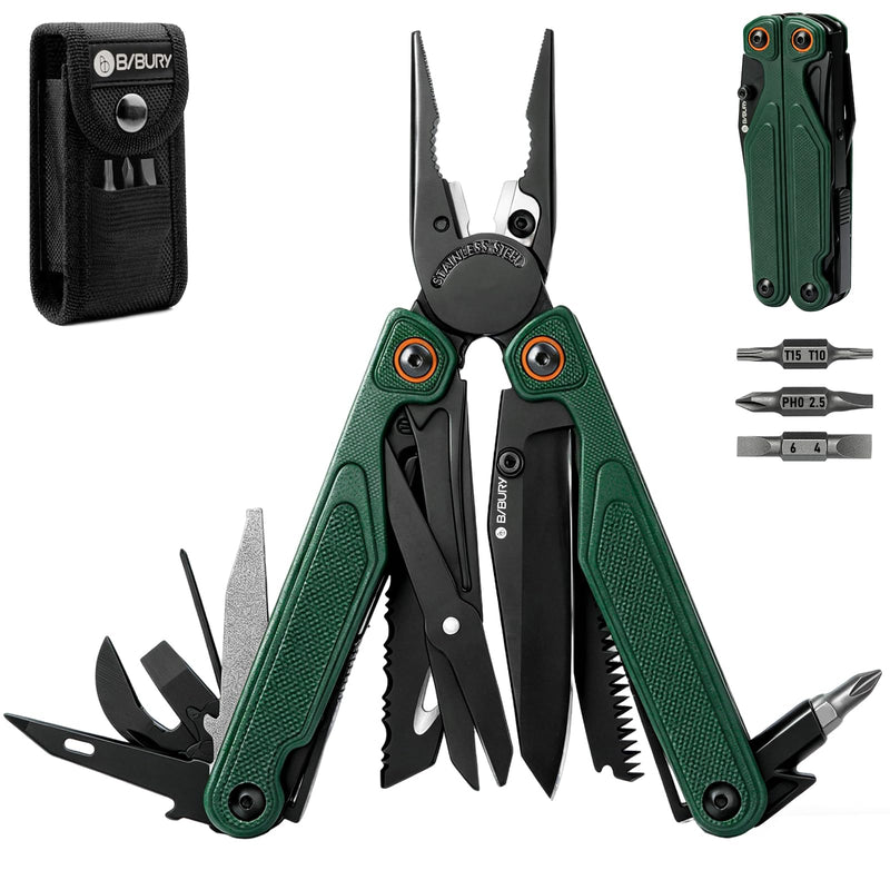 BIBURY Lightweight G10 Handle Multitool Pliers, 25-in-1 EDC Multi Tool with Replaceable Wire Cutters, Scissors, One-Hand Opening Pocket Knife Survival Tools for Camping, Repair,Survival -BI2048G Green