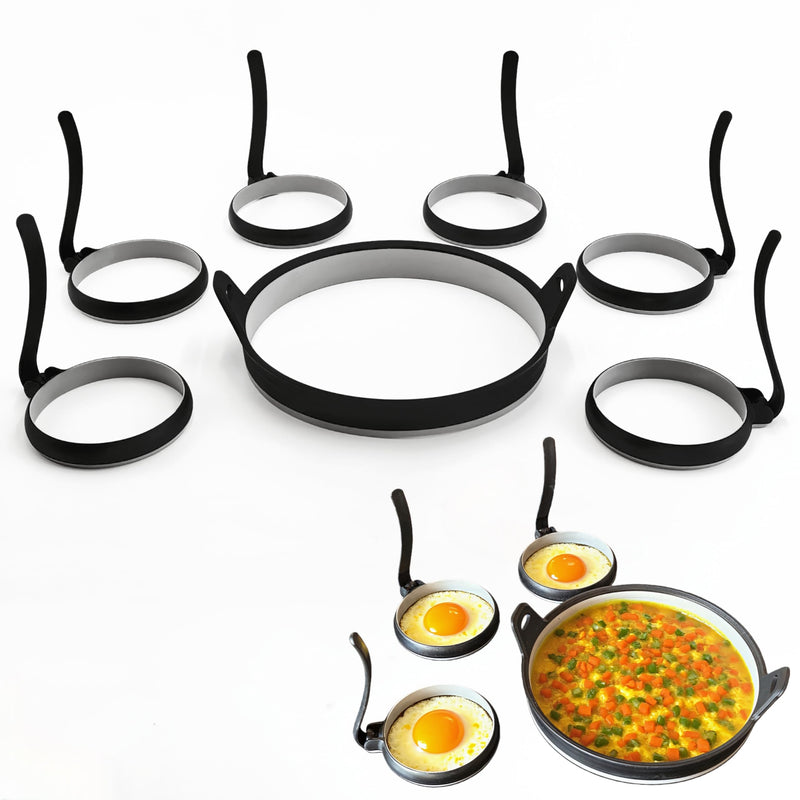 Nonstick Silicone Egg & Omelet Ring Kit,4" Egg Rings & 8" Omelet Ring, Egg Rings for Frying Eggs, Pancakes, Patties and English Muffins, 7 Piece Set (BLACK) BLACK