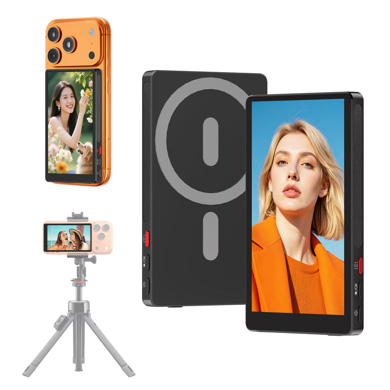 MAGEX 4" Slim Selfie Monitor Screen for iPhone 17, Magnetic 1080p Wireless Screen Mirroring Back Camera Monitor iPhone Android Phone Vlog Selfie Screen w/Camera Button, CNC Metal, Black, No Touch 4 Inch