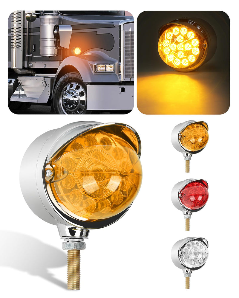 Amber Single Face 17 LED Watermelon Turn Signal Pedestal Lights w/Visor, Semi Truck Chrome Auxiliary Waterproof Reflector LED Lights for Freightliner Peterbilt Kenworth Mack Western Star Amber Light