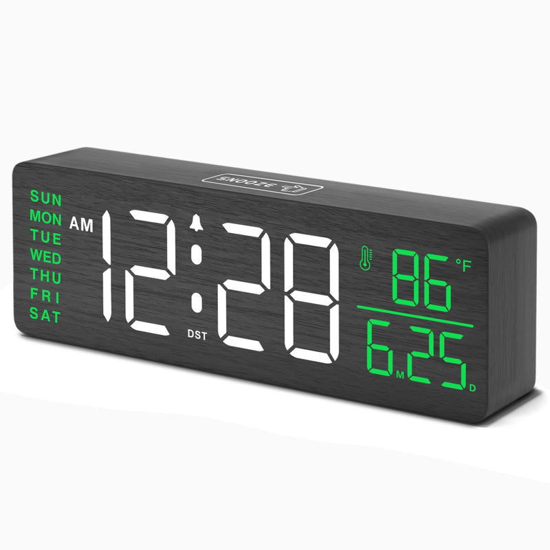 DreamSky Wooden Digital Alarm Clocks for Bedrooms – Large Display Desk Clock with Date & Day of Week for Living Room, Temperature, Dimmer, Adjustable Volume, Auto DST, Office Wood Décor (Plug-in) Black-white-green (Plug-in)