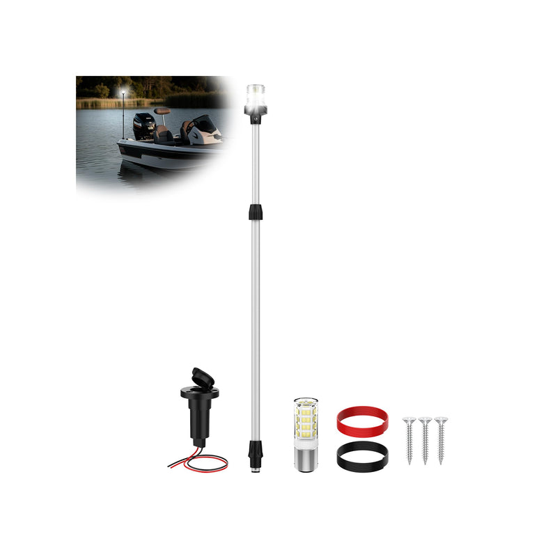 Boat Stern Light Anchor Light, 28"-48" Telescoping Pole Boat Lights LED with Base & Extra Bulb, Waterproof 3NM 360° All Round Marine Navigation Lights for Boats LED for Pontoon, Fishing, Bass Boats Sliver