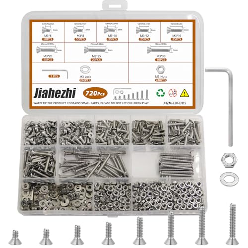 720Pcs M3x6/8/10/12/16/20/25/30mm Screw Kit, Stainless Steel Countersunk Screws Assortment Set with Nuts, Washers & Hex Wrench for DIY Projects, Electronics & Repairs M3x6/8/10/12/16/20/25/30-720Pcs