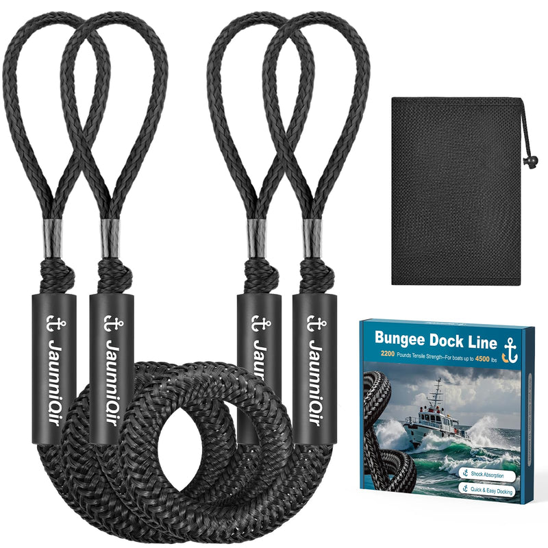 JaunniQir 2200lb Bungee Dock Lines 4-5.5ft, Shock Absorbing Mooring Ropes with Foam Floats, Stretchable Dock Snubber for Jet Ski Pontoon Kayak, 2 Pack Boat Accessories, Storage Bag (Black) Black