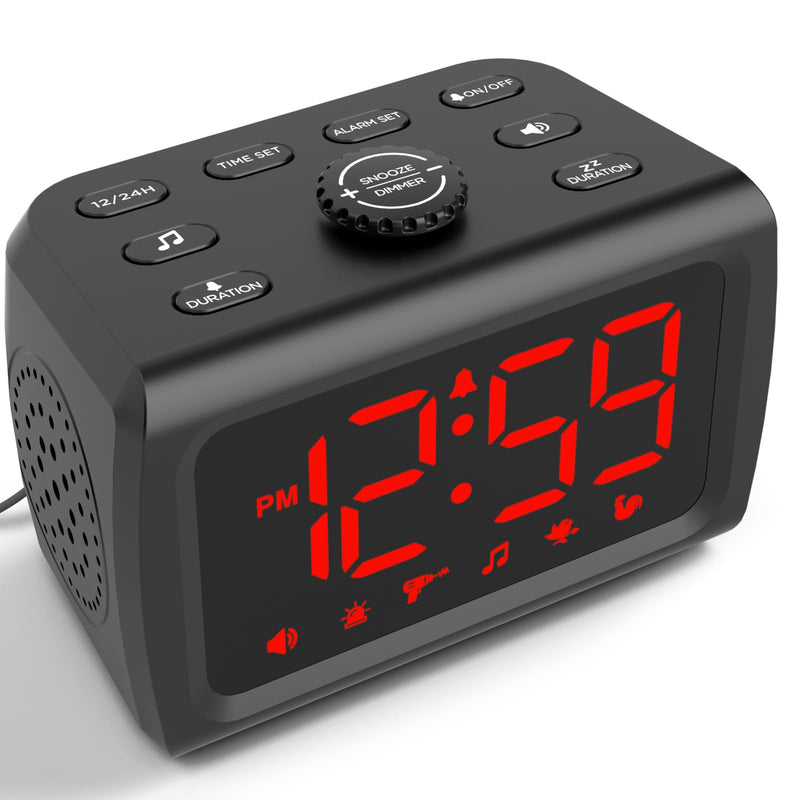 Peakeep 115dB Super Loud Alarm Clock for Heavy Sleepers, 5-30 Min Alarm/Snooze Duration, Auto/Manual Dimmer, 6 Wake-up Sounds, Plug in Electric Digital Bedroom Clock with USB Charger, Battery Backup Red Digits (Plug-in)