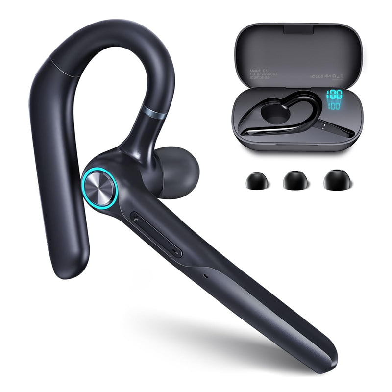 ONE LIFE Bluetooth Headset with Microphone, Bluetooth Earpiece for Work, Wireless Headset with Mic, 15H Talk Time, 500mAh Charging Case, Bluetooth 5.3, LED Display for Office, Laptop, Phone, Driving Black
