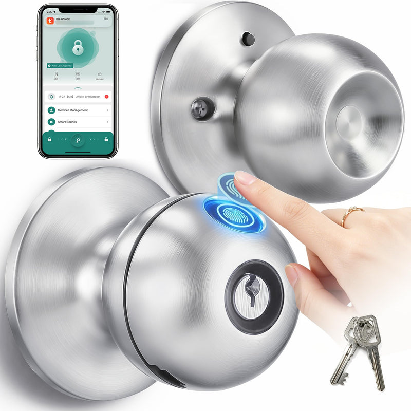Fingerprint Door Lock, Self-Learning Biometric Smart Door Knob | Smart Lock for Bedroom, Home, Office & Apartment, 4 Modes, APP Control, 2 Keys, 50 User Fingerprints, Stainless Steel Nickel Nickel Finish