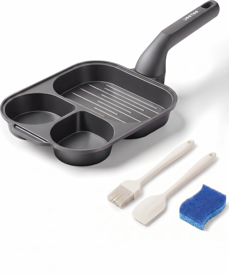 JEETEE Divided Egg Pan&Frying Pan, 3-in-1 Nonstick Omelete Pan, Breakfast Skillet for Eggs, Bacon & Pancakes, Titanium-Enhanced Nonstick Coating, PFOA/PFOS/PTFE Free, Induction Compatible Cookware
