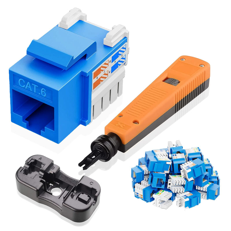 10Gbps Cat6 Keystone Jacks 25-Pack, RJ45 Keystone Jack, Ethernet Keystone Jack in Blue with Punch-Down Tool and Punch-Down Stand for Wall Plate