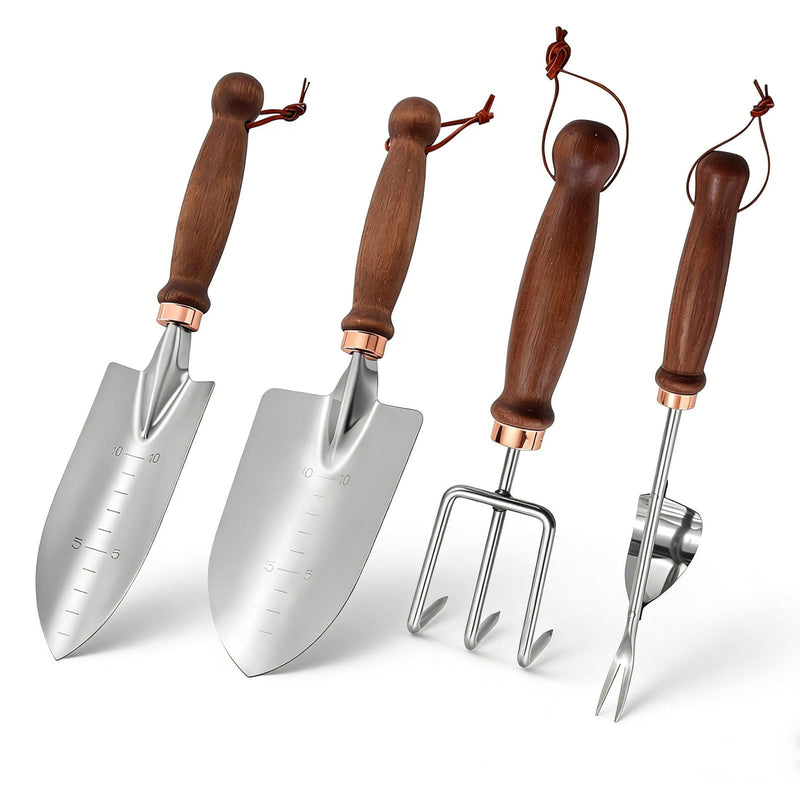 Garden Tools, 4 Pack Garden Shovel with Wooden Handles Hand Tools with Transplanting Hand Shovel, Rake and Root Picker Ideal for Digging and Planting