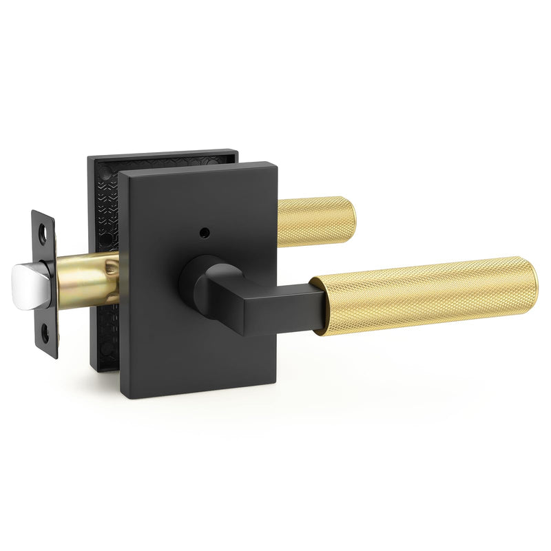Probrico Brushed Gold Door Handles with Black Lever, Knurled Privacy Door Handle with Push Button Lock for Bedroom or Bathroom, Modern Interior Door Handle, Heavy Duty Keyless Privacy Lever Matte Black&Gold 1