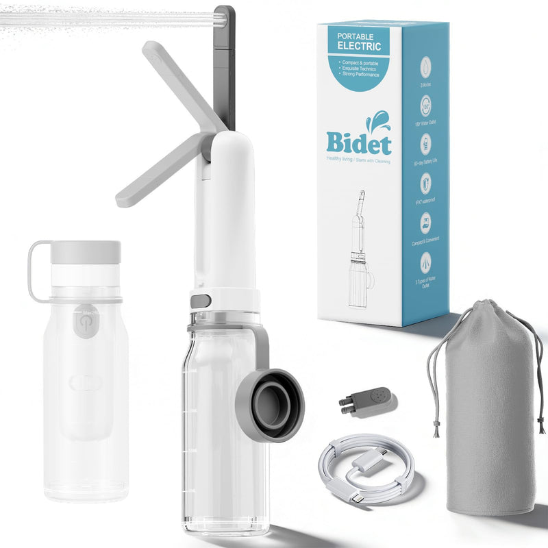 Portable Bidet for Travel with 260ML Bottle, Rechargeable Electric Bidet Bottle for Women Men Baby Cleaning, Waterproof High Pressure Sprayer for Personal Hygiene (White & Gray) White & Gray
