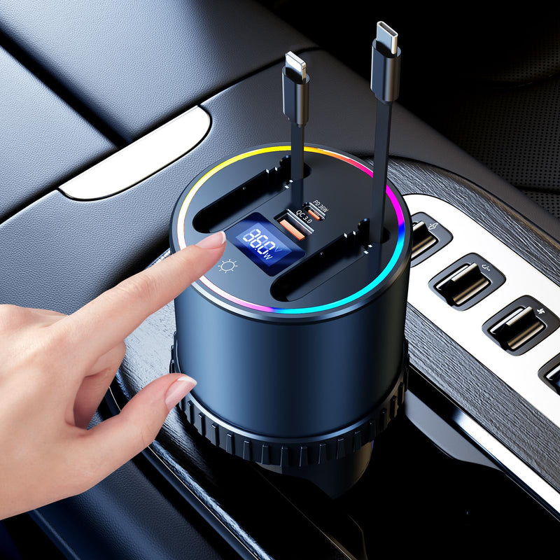 Retractable Car Charger USB Hub with RGB Light, 4 Port Car Charging Station Cigarette Lighter Adapter, Travel Essentials Car Accessories Gadgets for Men Gifts for iPhone 17 16 15 14 13 Pro Max