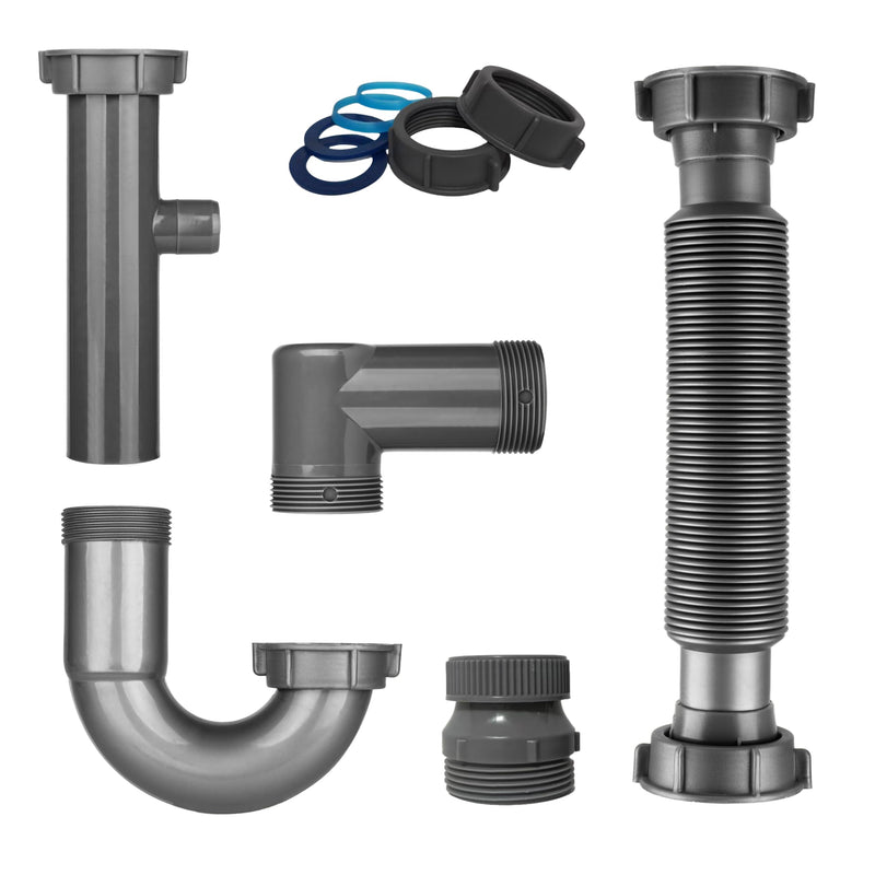 Universal 1-1/4" & 1-1/2" P Trap Drain Kit, Flexible PP U-Bend Plumbing Pipe for Bathroom Sink & Kitchen, Heat Resistant Drain Replacement with Extension Tube & Adapter