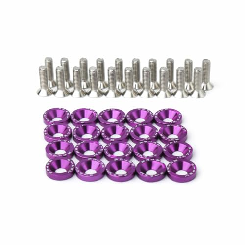 20Pcs M6x20mm Bumper Fender Washer Bolt Kit, CNC Billet Aluminum Engine Bay Dress Up Fasteners, JDM Modification Hardware for Fenders, Bumpers, License Plates & Headlights (Purple) Purple
