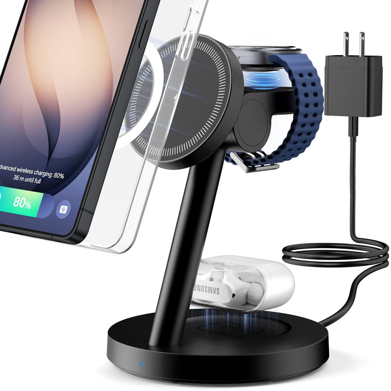 for Samsung 3 in 1 Charging Station, Magnetic Wireless Charger Stand for MagSafe for Samsung Galaxy S26 Ultra/S25/Z Fold7/Flip7, Phone Watch Charger Dock for Galaxy Watch Ultra/8/7 and Buds Black