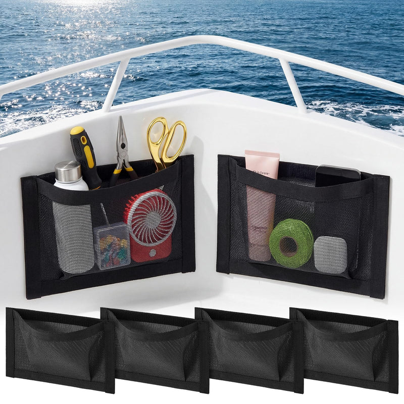 4 Pcs 10" x 7" Self-Adhesive Boat Storage Mesh Bag, Tear Resistant Waterproof Boat Storage Accessories, Sailboat Pontoonboat Caddy Organizer for Tackle, Tools, Gear, Gloves Small Items