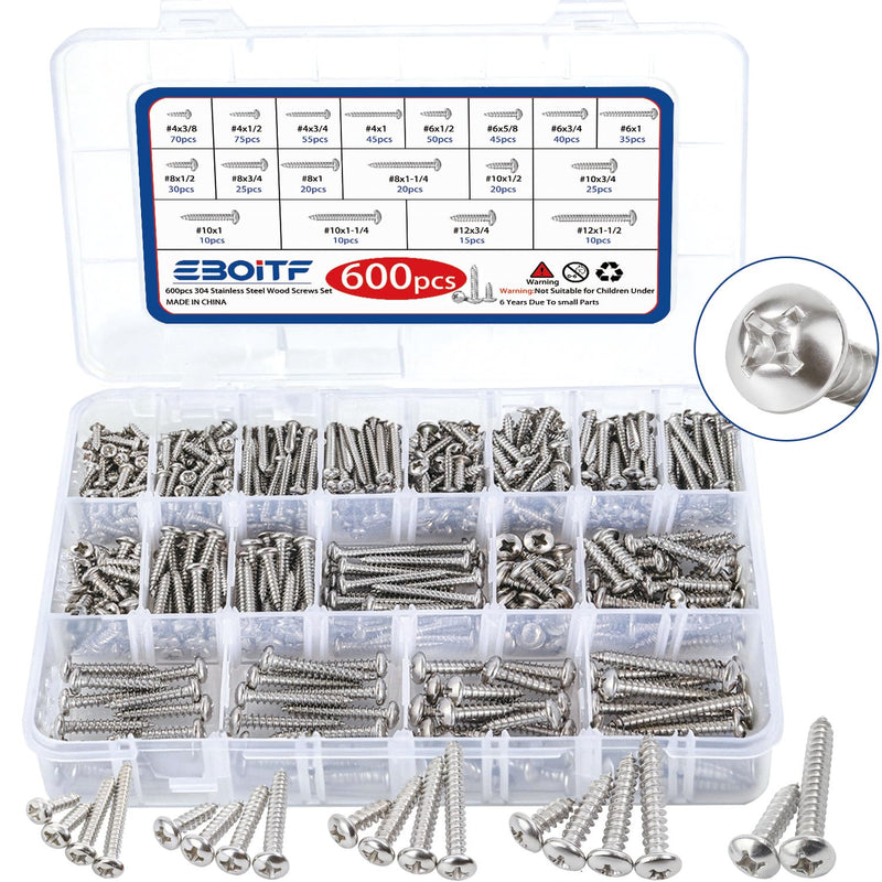 600 PCS 304 Stainless Steel Wood Screws Assortment Kit, Assorted Sheet Metal Screws #4/#6/#8/#10/#12 Phillips Pan Head Self-Tapping Screws Set, Assorted Wood Screws, Length 3/8" to 1-1/2" (Silver) Silver