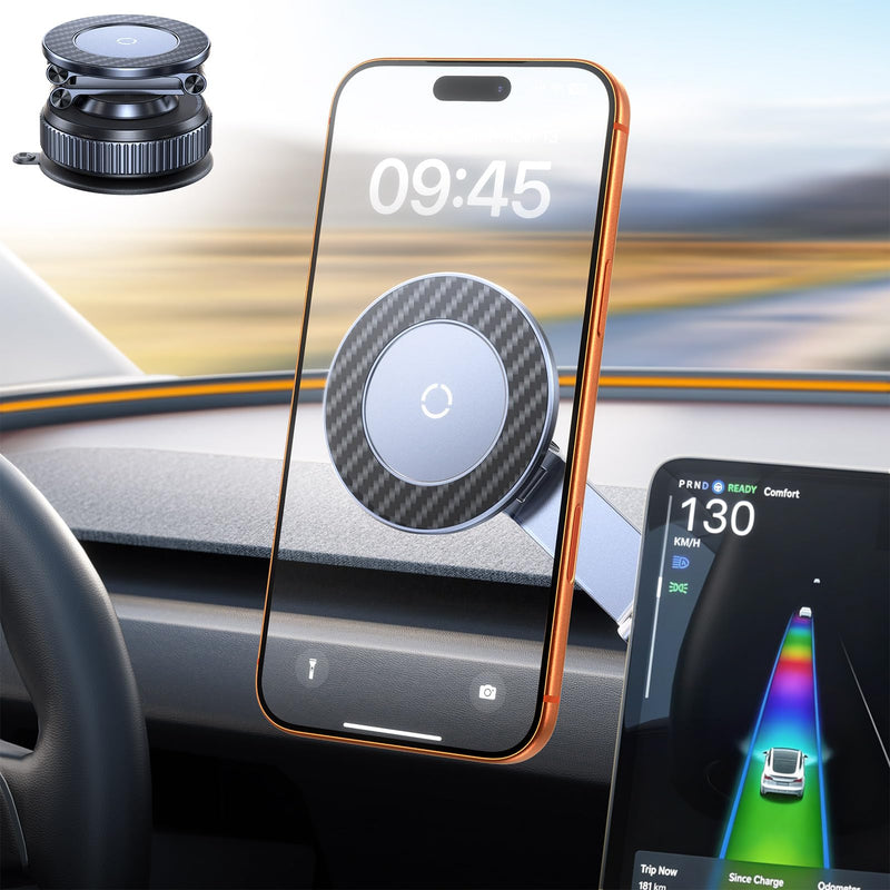 Vacuum Magnetic Car Phone Holder for Magsafe, Long Arm for Tesla Model Y/3 | All Metal, Nano Gel 119+LBS Max Suction,Foldable Hidden Tesla Phone Mount,360°Rotation,Easiest Car Mount for iPhone & Android Black