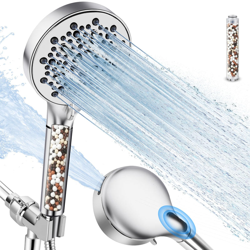 Filtered Shower Head with Handheld, High Pressure 7-Spd Detachable Chrome Showerhead with Stainless Hose, Water Softener Filter Beads for Hard Water - Remove Chlorine, Reduce Dry Itchy Skin 1 Filters Sliver