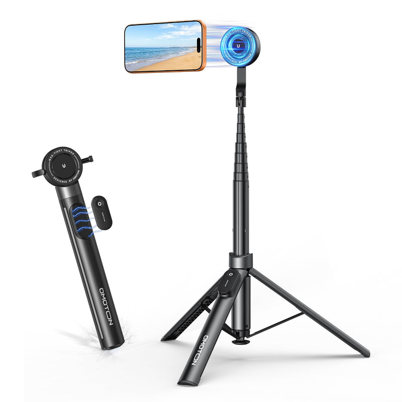 OMOTON 68" Magnetic Phone Tripod with Remote, Selfie Stick for iPhone Black | 0.01S Auto-Open, Aluminum Adjustable Height& Angle, Clip for Android, Dual-Sided Magnetic for Video Recording Travel Vlogging