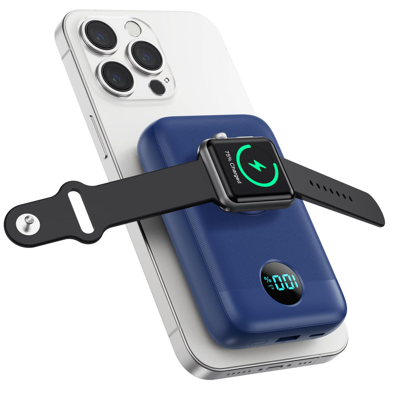 Magnetic Portable Charger with Apple-Watch Charger,10800mAh 25W PD Fast Charging Wireless Power Bank,4 Outputs Travel Essential Battery Pack for Magsafe,iPhone 17/17 Pro Max/16/15/14/13/12 All Series Blue 10800 Milliamp Hours