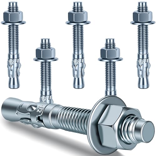 1/2 x 3-3/4 inch Wedge Anchors, 6 pcs Concrete Screw and Anchor Kit, Galvanized Concrete Anchors, Concrete Wall Anchors and Brick Anchors, Suitable for Concrete Floors and Walls 1/2 x 3-3/4In