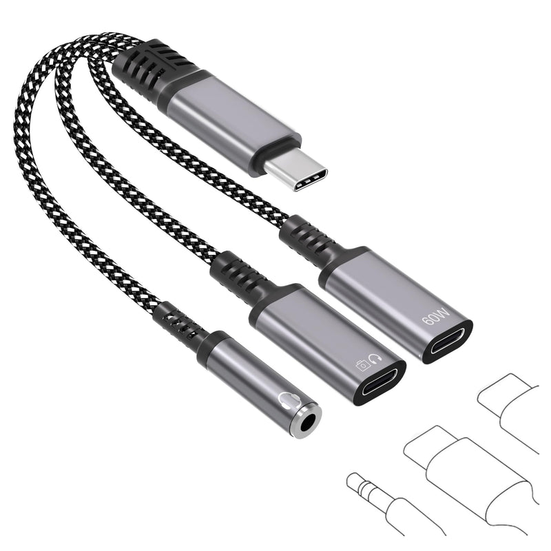 3 in 1 USB C Headphone Splitter Headphone Adapter with 60W Charging and Data, USB-C to 3.5mm Headphone & Dual USB C Splitter, PD Fast Charging/Data/Music/Calling for iPhone 17/16/15, iPad, MacBook