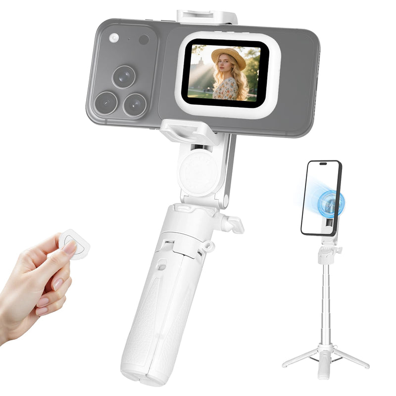 Magnetic Selfie Stick Tripod with Selfie Monitor, Aluminum Phone Holder, 360° Rotatable Stand, Wireless Remote, Portable Vlogging Kit for iPhone & Android