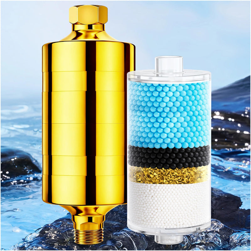 Larger Premium Metal Shower Filter, Stainless Steel 304, Clean Soft Water, Remove 99% Chlorine, Improve Your Skin Nail Hair, Easy to Install (GOLD) Gold