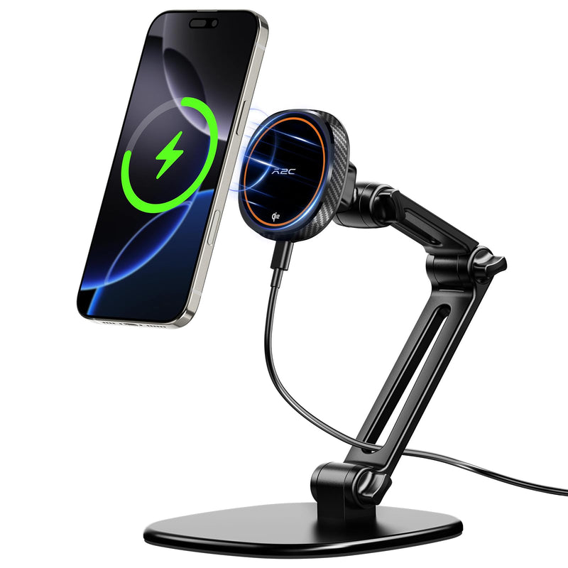 APPS2Car Qi2 15W Wireless Charger Stand Adjustable Phone Holder for Desk | 17 N52 Magnets, Built-In Cooling Fan, Height-Adjustable Foldable Arm, 360° Rotation, Weighted Anti-Slip Metal Base Black - Wireless Charging Stand