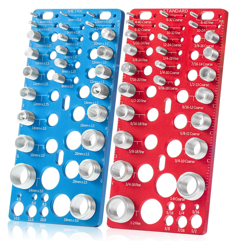 62-Piece Nut and Bolt Thread Checker - 25 Inch & 25 Metric Thread Gauges + 12 Drill Bit Sizers, Heavy-Duty Aluminum & Steel Bolt Size Finder, High-Precision Screw Identifier Tool (Red & Blue)