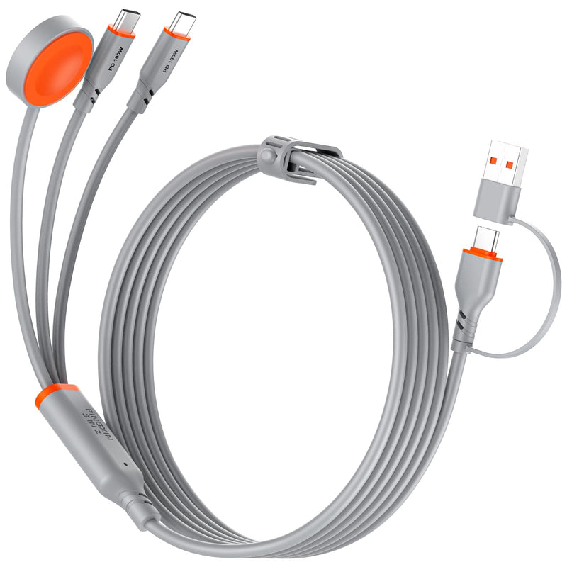 Travel Essentials 3 in 2 Multi Charging Cable 100W USB A/C to Dual USB C/for Apple Watch Charging Cable Silicone Fast Charge Compatible with iPhone 17-15 Series iPad MacBook, Type-C Devices 5FT-Grey Grey