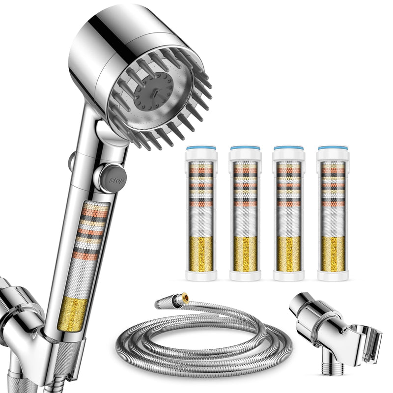 Filtered Shower Head with Handheld with 4PCS Filters, High Pressure 4 Spray Modes Shower heads with Filter, IronDrops Water Softener Filter for Hard Water 70" Hose (Chrome) Chrome