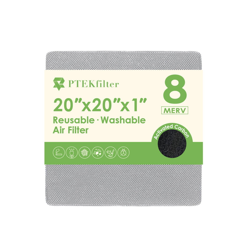 20x20x1 Washable & Reusable Air Filter with Activated Carbon Layer, MERV 8 Air Filters for AC HVAC Furnace, Machine Washable & Dryer Friendly 20" x 20" x 1"