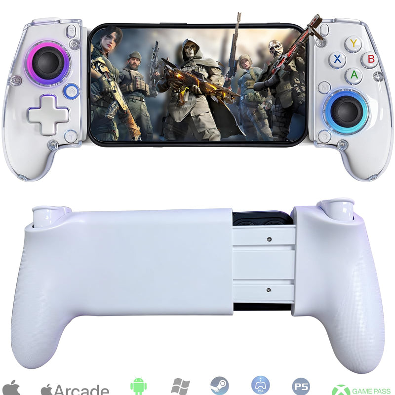 Transparent Phone Controller for iPhone, Android Mobile Controller Wireless Gaming Gamepad Joystick with RGB Lighting/Turbo/6-Axis/Dual Vibration, Xbox/PS5/PS4/PC Streaming, Cloud Gaming, Direct Play