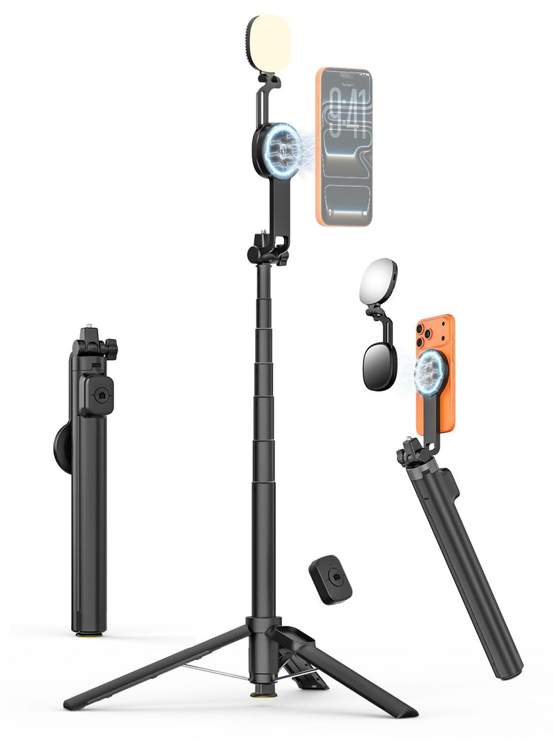 69" Magnetic Tripod for iPhone with Magnetic Light (MPT-04) | Selfie Stick with Magnetic Selfie Light & Remote, Extendable Tripod, Vlogging Kit for Magsafe iPhone/Android Video Recording