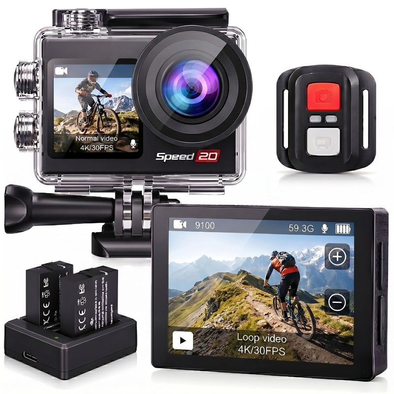 4K Action Camera 20MP Touch Screen WiFi EIS 131FT Waterproof | Dual touch screens, 170° wide-angle, 5X zoom, remote control. For snorkeling, biking, helmet. 2 rechargeable batteries.