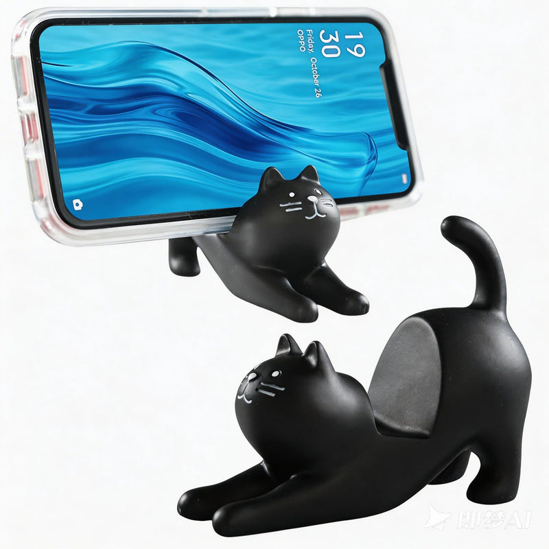 Phone Holder Stand for Desk, Cute Cell Phone Mount for Office Tablet Accessories Gifts, Cool Desktop Decor Gadgets to Support Your Cellphone for Men Women Boys Girls - Black Cat Kawaii