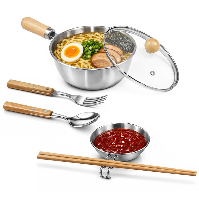 Korean Ramen Pot Set, 18/8 Stainless Steel Ramen Cooking Pot with Glass Lid, Coating-Free One-Person Dining Set, Wooden Handle Bowl, Fork Spoon Chopsticks&Sauce Dish, Safe for Gas Stove Glass Lid Pot