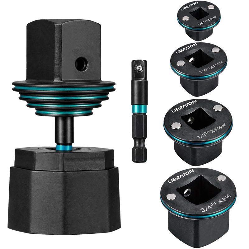 LIBRATON Low Profile Impact Socket Adapter Set, 5pc Magnetic Drive Converter Kit for Tight Space (1/4" to 3/8", 3/8" to 1/2", 1/2" to 3/4", 3/4" to 1", & 1/4" Hex Adapter) for Impact Wrench and Drill 5PCS
