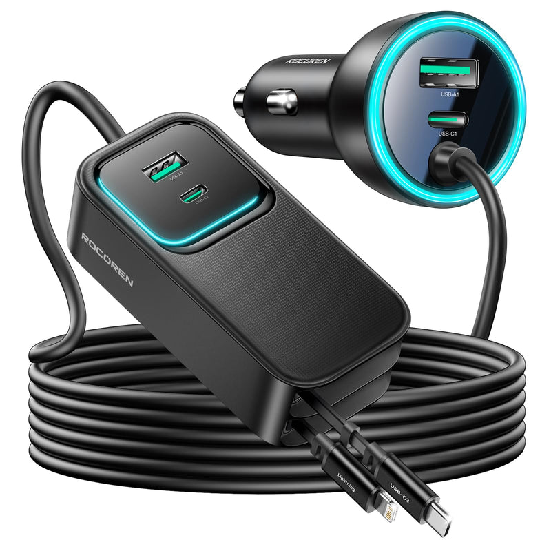 Rocoren 135W 6‑Port PD USB‑C Fast Car Charger Cigarette Lighter Adapter | Travel Essentials for Road Trips with 5FT Cable & 2 Retractable Cable, Car Accessories for iPhone, Galaxy